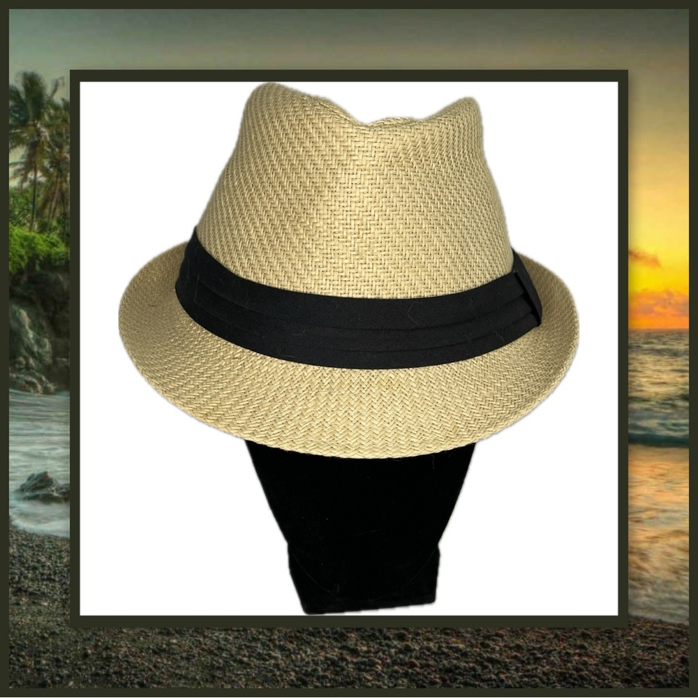 Yellow Straw Fedora with Pleated Black Ribbon Band – NWOT